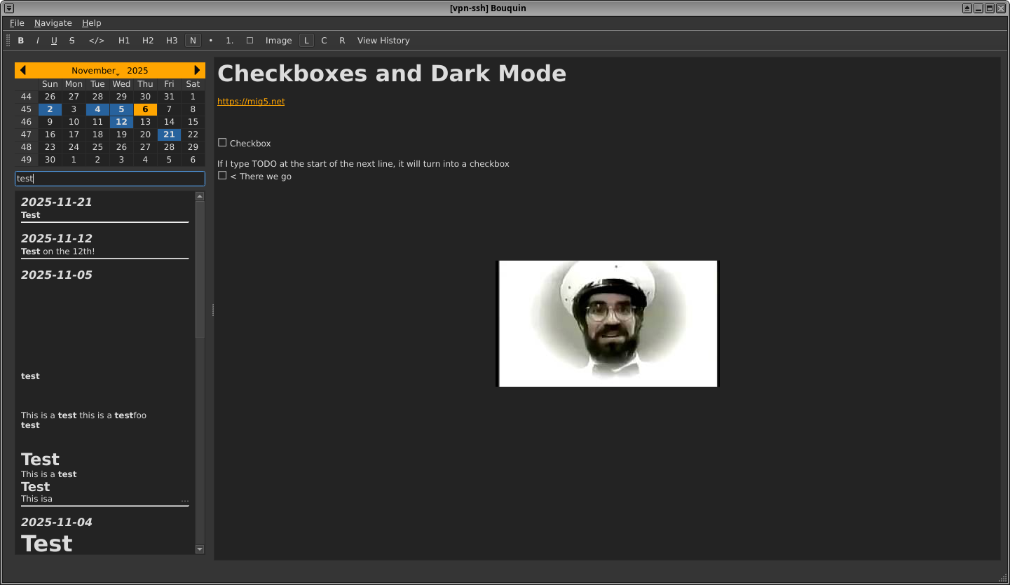 Screenshot of Bouquin in dark mode