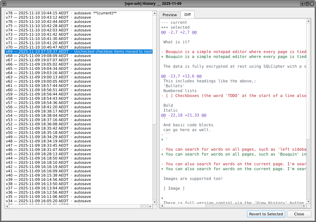 Screenshot of Bouquin History Diff pane