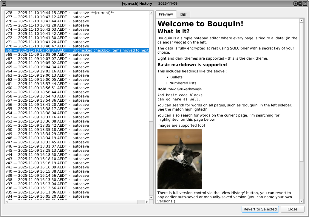 Screenshot of Bouquin History Preview pane